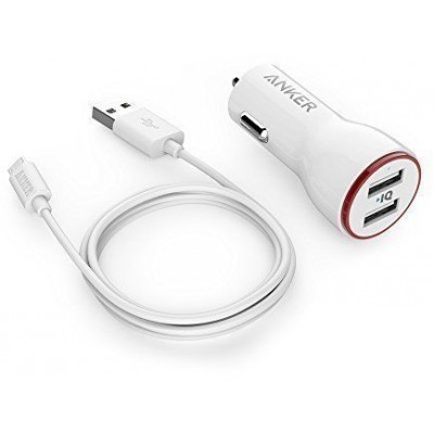 شاحن انكر سيارة 24 واط مخرجين مع سلك يو اس بي ابيض  B2310H21